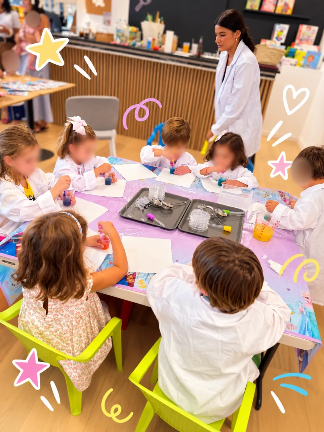 Cumpleaños científico con niños en bata
