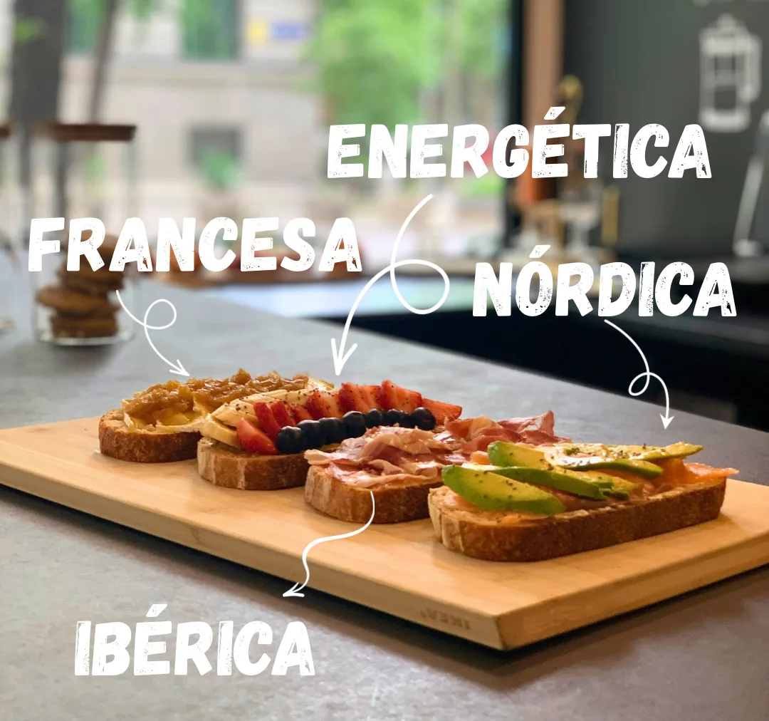 Cuatro tostas sobre una tabla: francesa, energética, ibérica y nórdica
